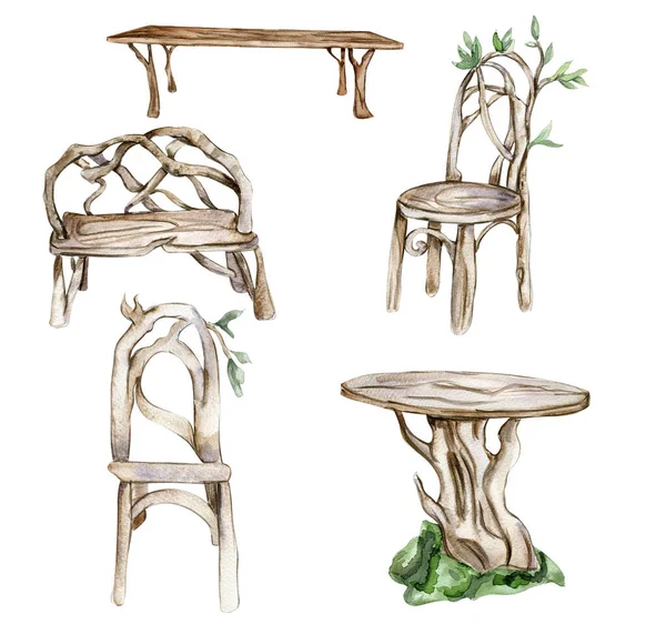 Table Bois Banc Chaise Pour Fée Aquarelle Illustration Dessinée Main — Photo