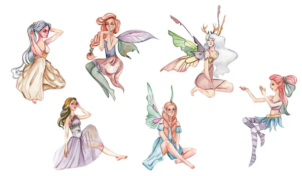 魔法の翼を持つ森の妖精の女の子が設定します 水彩手描きおとぎ話イラスト グリーティングカード ポスター 結婚式の招待状 パーティーの装飾に最適です — ストック写真
