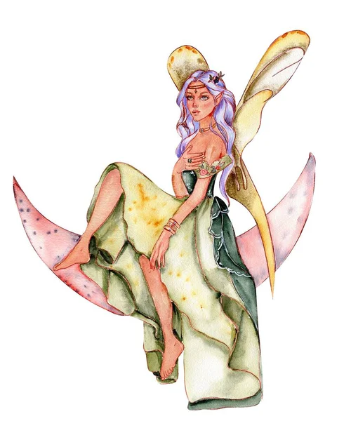 魔法の翼を持つ森の妖精の女の子 水彩手描きおとぎ話イラスト グリーティングカード ポスター 結婚式の招待状 パーティーの装飾に最適です — ストック写真
