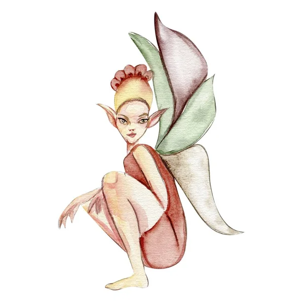 Forest elf with magic wings. Watercolor hand drawn fairy tale illustration. Perfect for greeting card, poster, wedding invitation, party decor