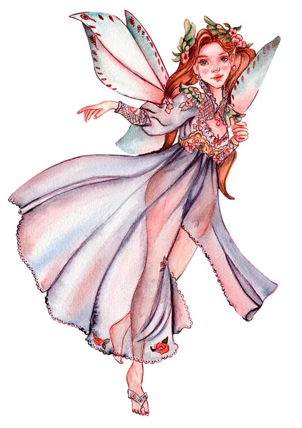 Menina Fada Floresta Com Asas Mágicas Watercolor Mão Desenhada Ilustração — Fotografia de Stock