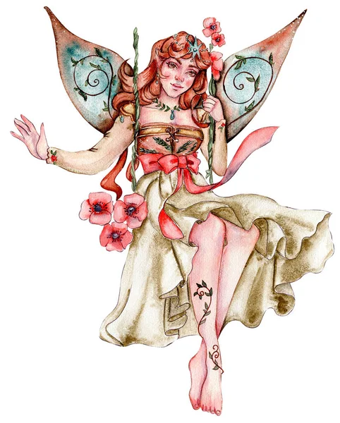 森林仙女带着魔法翅膀水彩画的童话插图 完美的贺卡 婚宴请柬 派对装饰 — 图库照片