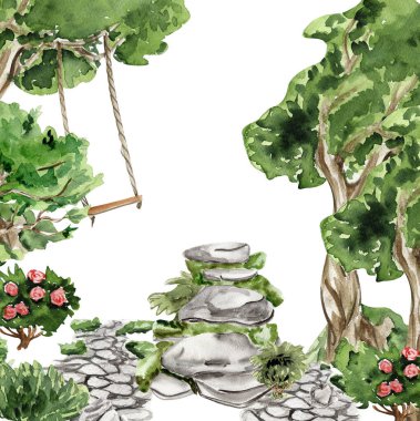 Orman perisi, yeşil ağaç ve çalılarla kompozisyon. Suluboya el çizimi çizimi. Tebrik kartı, poster, düğün davetiyesi, parti dekorasyonu için mükemmel..