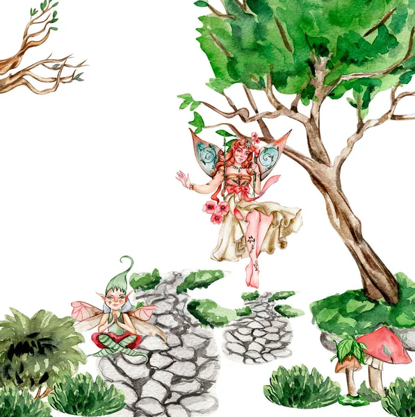 Composición Con Hada Del Bosque Árbol Verde Arbustos Acuarela Ilustración —  Fotos de Stock
