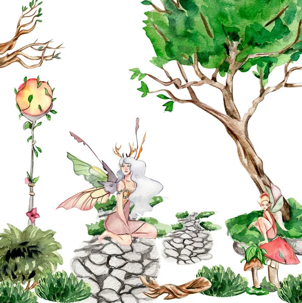 Composición Con Hada Del Bosque Árbol Verde Arbustos Acuarela Ilustración —  Fotos de Stock