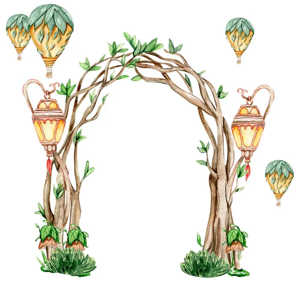 Composição Com Fada Floresta Árvore Verde Arbustos Watercolor Ilustração Desenhada — Fotografia de Stock