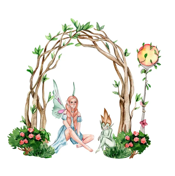 Skladba Lesní Vílou Zeleným Stromem Keři Akvarel Ručně Kreslené Ilustrace — Stock fotografie