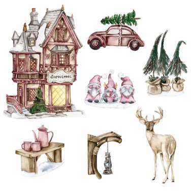 Suluboya ev, kışın yel değirmeni. Karla kaplı bir çatısı ve elinde suluboya ile çizilmiş pencereleri olan bir Noel evi. Suluboya çizimi. Kış kulübesi.