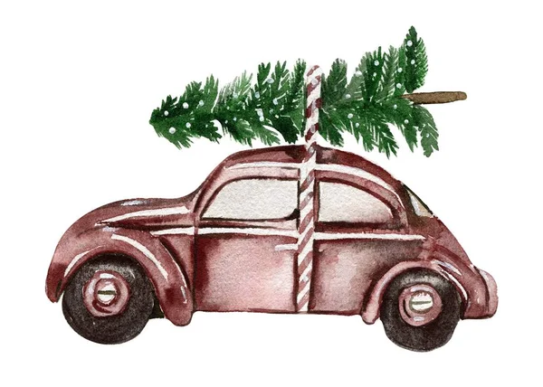 Weihnachtsauto Mit Baum Auf Dem Dach Aquarell Handgezeichnete Illustration Winterurlaub — Stockfoto