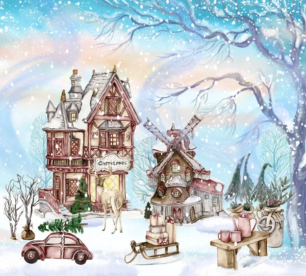 Composition Windmill Cottage Snow Christmas Elements Watercolor Illustration — Stock Photo, Image