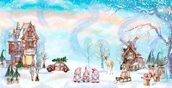 Yel Değirmeninin Bileşimi Karlı Bir Kır Evi Noel Öğeleri Suluboya — Stok fotoğraf
