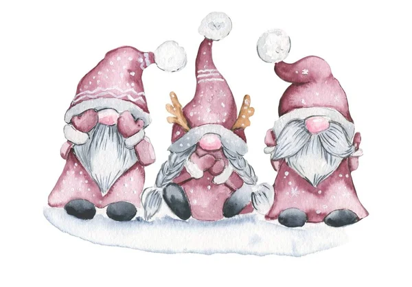 Watercolor Three Gnomes Christmas Watercolor Hand Drawn Illustration Winter Holiday — Stock Photo, Image