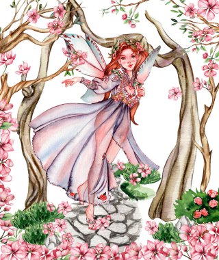 Orman perisi, yeşil ağaç ve çalılarla kompozisyon. Suluboya el çizimi çizimi. Tebrik kartı, poster, düğün davetiyesi, parti dekorasyonu için mükemmel..