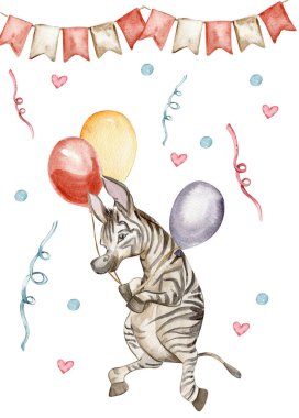 Zebra bileşimi. Waterrcolor el çizimi tropikal hayvan. Bebek partisi, doğum günü, pasta, bayram kutlama tasarımı, tebrik kartı, davetiye.