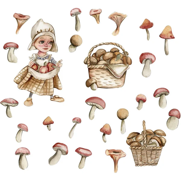 Jogo Outono Menina Gnom Cogumelos Ilustração Desenhada Mão Outono Perfeito — Fotografia de Stock