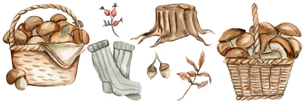 有蘑菇的篮子的秋季插图 手工画出秋天的图画 完美的剪贴簿 孩子设计 婚宴邀请函 问候卡 派对装饰 — 图库照片