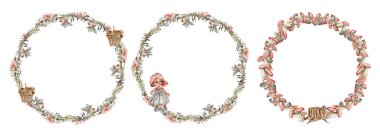 Sonbahar çelengi, kartlar, arka planlar için. Albüm koleksiyonu için suluboya çizimi. Çocuk tasarımı için çiçek desenli karikatür el çizimi. Düğün davetiyesi için mükemmel..