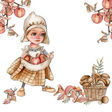 Sonbahar kızı bir cücenin kompozisyonu. Sonbaharın el çizimi. Koleksiyon defteri, çocuk tasarımı, düğün davetiyesi, posterler, tebrik kartları, parti dekorasyonu için mükemmel..