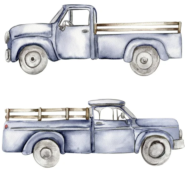 Вінтажна Акварельна Синя Вантажівка Намальована Вручну Старий Ретро Автомобіль Білому — стокове фото