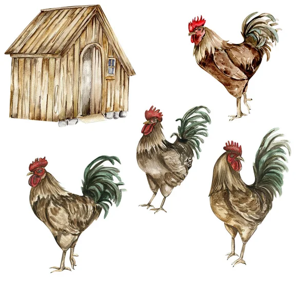 Akvarel Dřevěné Farmy Péro Ručně Kreslená Ilustrace Farmy Ideální Pro — Stock fotografie