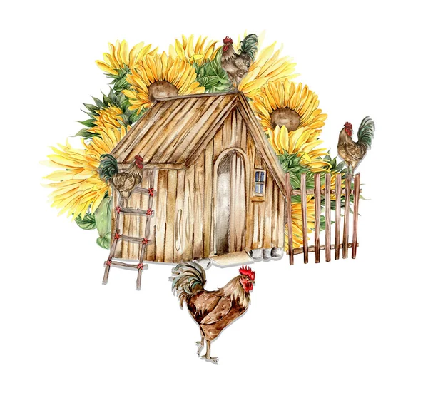 水彩画木农舍向日葵和公鸡组合 一个农场的手绘图解 完美的婚宴请柬 问候卡 — 图库照片