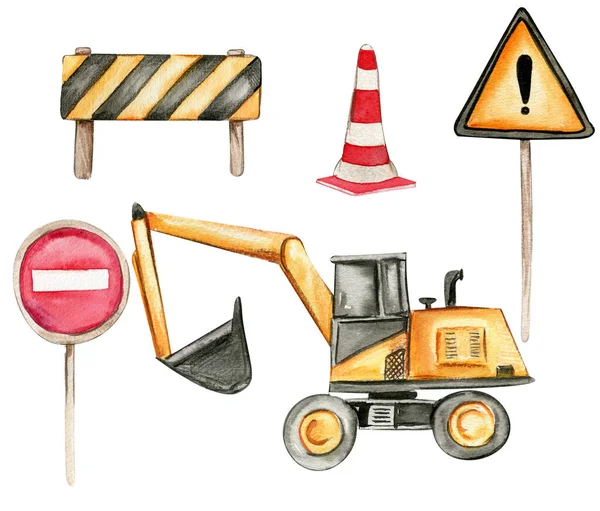 Road Signs Yellow Excavator Watercolor Hand Drawn Illustration Perfect Kid — Stock Photo, Image
