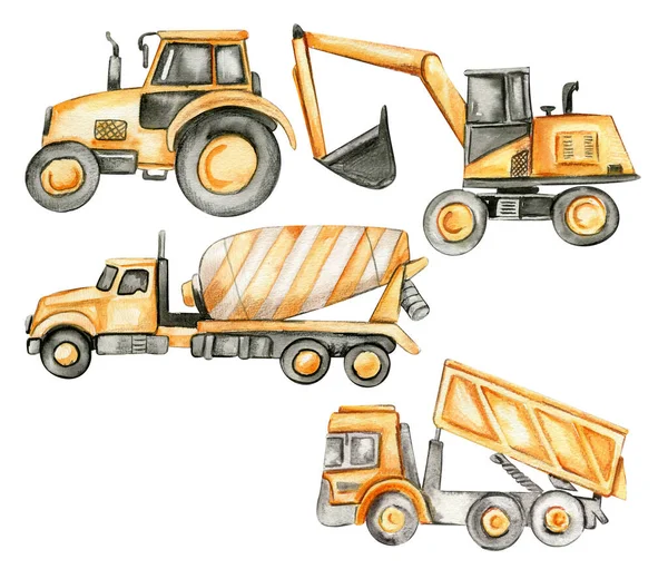 Żółty Betoniarka Ciągnik Ciężarówka Koparka Ręcznie Rysowany Akwarela Ilustracja Idealny — Zdjęcie stockowe