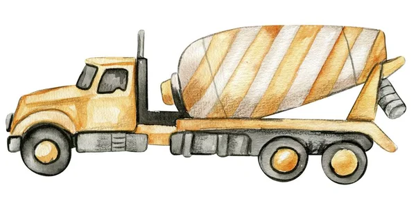 Yellow Concrete Mixer Watercolor Hand Drawn Illustration Perfect Kid Posters — Stock Photo, Image