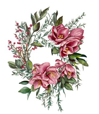 Suluboya Kuru Dallı Kış Çelengi, Holly ve Red Berry. Davetiyeler, tebrik kartları, baskılar, paketleme ve daha fazlası için suluboya el çizimi. Mutlu Noeller ve mutlu yıllar..