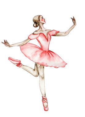 Kırmızı elbiseli suluboya dansçı balerin. İzole dans eden balerin. El yapımı klasik bale gösterisi, poz. Genç, güzel balerin kadın illüstrasyonu. Poster ve kartpostallar için kullanılabilir..