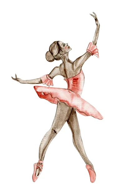 穿着红色衣服的水彩舞芭蕾舞演员 独立跳舞的芭蕾舞演员 手绘经典芭蕾舞表演 摆姿势 年轻漂亮的芭蕾舞演员的例子 可用于明信片和海报 — 图库照片