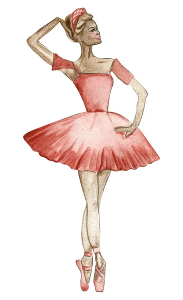 Bailarina Dança Aquarela Vestido Vermelho Bailarina Dançarina Isolada Desempenho Balé — Fotografia de Stock