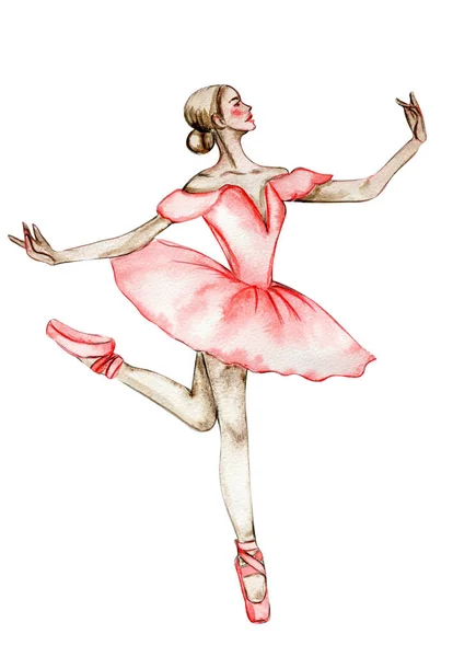 Watercolor Dancing Ballerina Red Dress Isolated Dancing Ballerina Hand Drawn — Stock Photo, Image