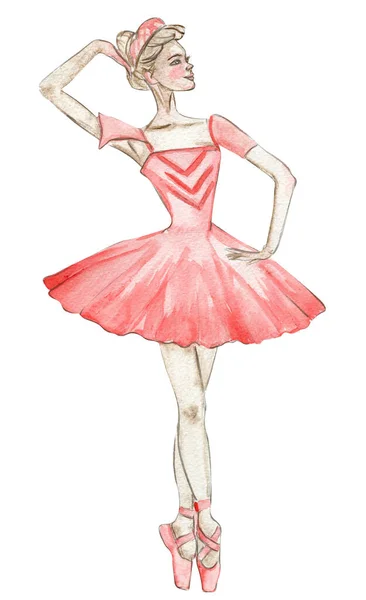 Akvarell Dans Ballerina Röd Klänning Isolerad Dansballerina Handritad Klassisk Balettföreställning — Stockfoto