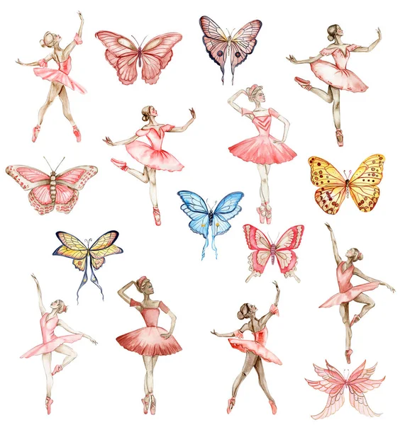 水彩舞芭蕾舞演员穿着红色衣服 蝴蝶五彩斑斓 手绘经典芭蕾舞表演 摆姿势 年轻漂亮的芭蕾舞演员的例子 可用于明信片和海报 — 图库照片