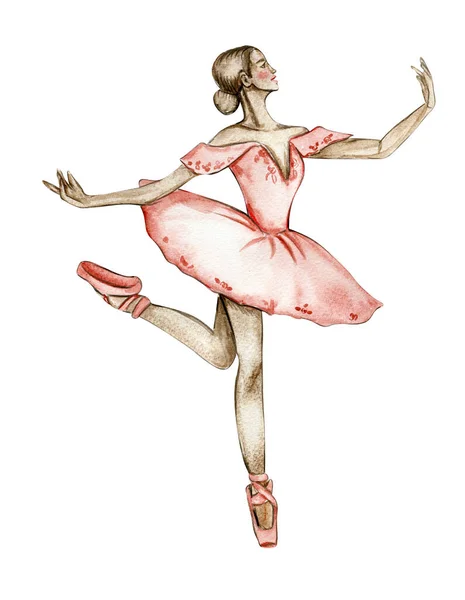 穿着红色衣服的水彩舞芭蕾舞演员 独立跳舞的芭蕾舞演员 手绘经典芭蕾舞表演 摆姿势 年轻漂亮的芭蕾舞演员的例子 可用于明信片和海报 — 图库照片