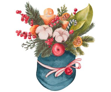 Pamuk dalları ve kırmızı böğürtlen kompozisyonu. El çizimi çizimi. Koleksiyon defteri, çocuk tasarımı, düğün davetiyesi, posterler, tebrik kartları, parti dekorasyonu için mükemmel..