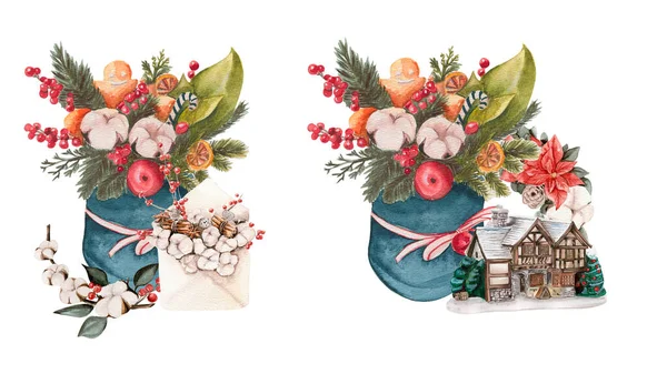 Baumwollzweige Und Rote Beeren Zusammensetzung Handgezeichnete Illustration Perfekt Für Scrapbooking — Stockfoto
