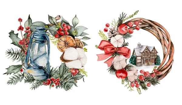 Corona Navidad Con Ramas Abeto Algodón Flores Rojas Ilustración Dibujada —  Fotos de Stock