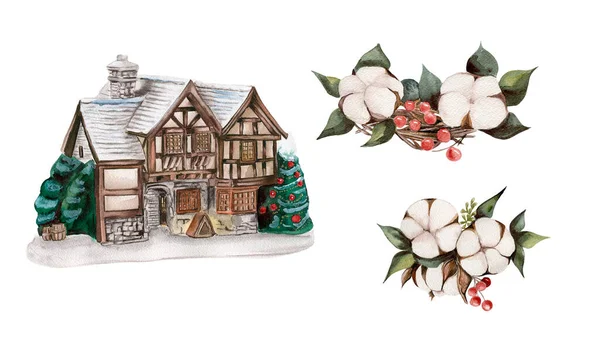Aquarell Stadthaus Mit Einem Schneebedeckten Dach Handgezeichnete Illustration Eines Winterhauses — Stockfoto