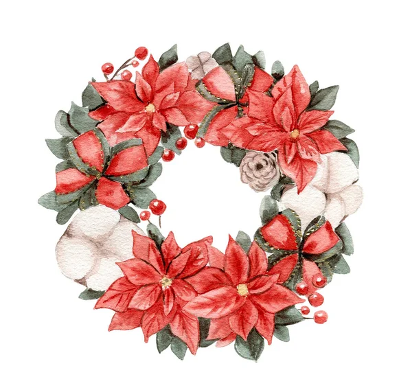 Weihnachtskranz Mit Tannenzweigen Und Roten Blumen Aquarell Gezeichnete Illustrationen Für — Stockfoto