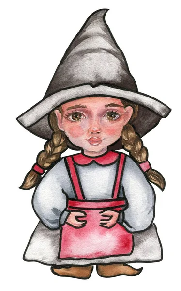 Malá Čarodějnice Klobouku Akvarel Ručně Kreslené Ilustrace Lze Použít Halloween — Stock fotografie