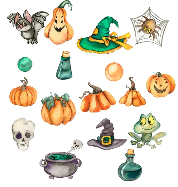 Dýně Lebka Žába Akvarel Ručně Kreslené Ilustrace Lze Použít Halloween — Stock fotografie