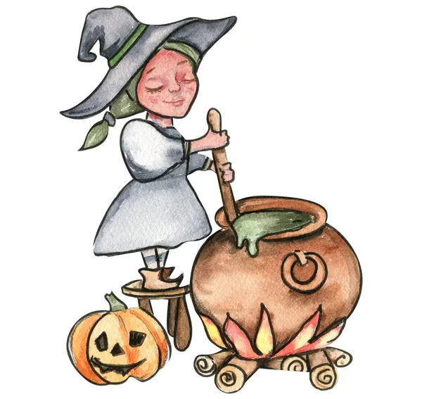 帽子の小さな魔女 水彩手描きイラスト ハロウィンパーティーやポスターにもご利用いただけます — ストック写真