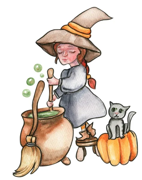 Kleine Hexe Mit Hut Aquarell Handgezeichnete Illustration Kann Für Halloween — Stockfoto