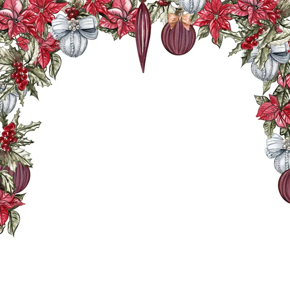 Rama Świąteczna Uschła Kwiaty Zabawki Drzewie Ręcznie Rysowana Ilustracja Akwarela — Zdjęcie stockowe