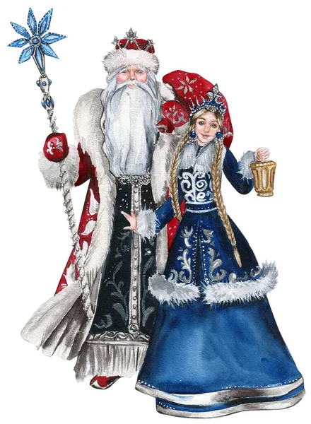 Papai Noel Com Vara Natal Longa Barba Branca Casaco Vermelho — Fotografia de Stock