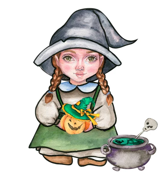Lilla Häxa Hattsammansättning Akvarell Handritad Illustration Kan Användas Till Halloweenfest — Stockfoto