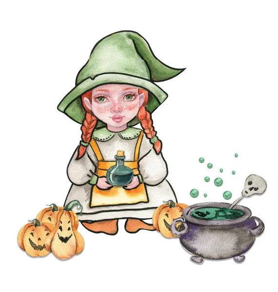 Lilla Häxa Hattsammansättning Akvarell Handritad Illustration Kan Användas Till Halloweenfest — Stockfoto