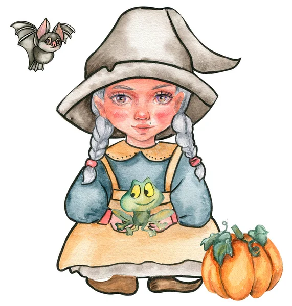 Malá Čarodějka Složení Klobouku Akvarel Ručně Kreslené Ilustrace Lze Použít — Stock fotografie